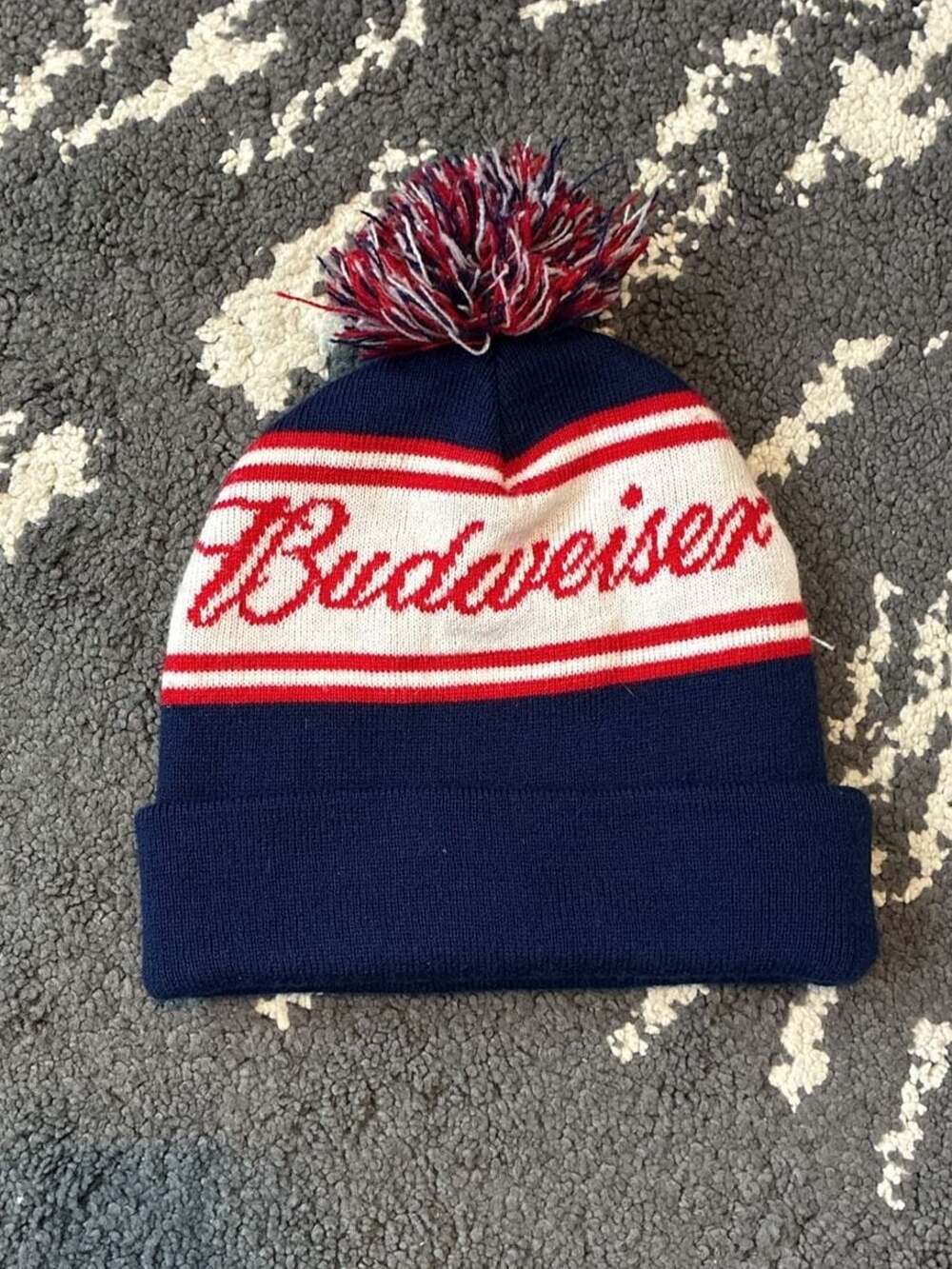 Budweiser Logo Pom Beanie Hat One Size Blue Red White